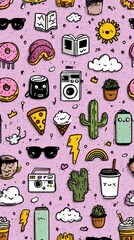 Kawaii Doodle Sticker Set: Minimalist Random Cute Elements with Pastel Background