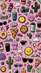 Kawaii Doodle Sticker Set: Minimalist Random Cute Elements with Pastel Background
