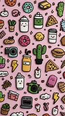Kawaii Doodle Sticker Set: Minimalist Random Cute Elements with Pastel Background