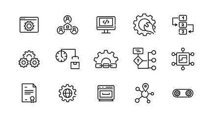 Automation linear icon set. Artificial Intelligence, information technology, computing, IT manager, network, internet, big data, cloud, analytics, business vector icon set. UI thin line icon pack.