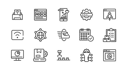 Automation linear icon set. Artificial Intelligence, information technology, computing, IT manager, network, internet, big data, cloud, analytics, business vector icon set. UI thin line icon pack.