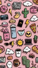 Kawaii Doodle Sticker Set: Minimalist Random Cute Elements with Pastel Background