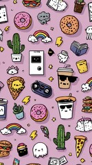 Kawaii Doodle Sticker Set: Minimalist Random Cute Elements with Pastel Background