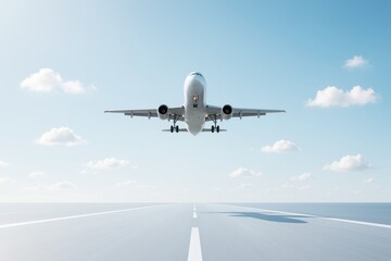Fototapeta premium Airplane taking off from runway with sky and clouds in light background, symbolizing modern air travel and global transport concept.