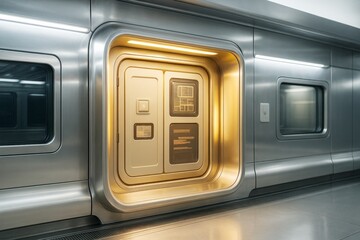 Futuristic subway train door with glowing yellow light in metallic interior background, showcasing modern transport and abstract technology concept.