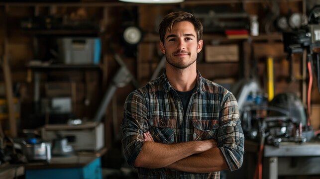 A man in a plaid shirt standing in a workshop with tools and equipment.