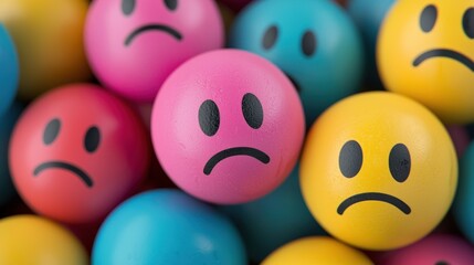 A pile of colorful stress balls with sad faces on them.