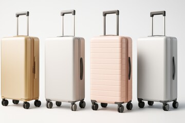 Stylish modern travel suitcases in metallic and pastel colors on light background for luggage and tourism concept. Ai generative.