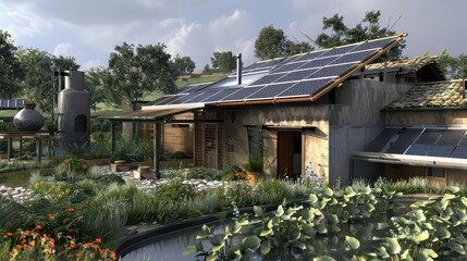 Fototapeta premium Solar panels on the roof of a sustainable home with a rainwater collection system.