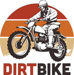 Illustration of a man riding a classic dirt motorbike.