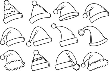 Classic Santa Hat Illustration Collection for Holiday Design Projects. Christmas Santa Hat Art Set Featuring Festive Winter Headwear. Collection of Santa Claus Hats for Christmas Decoration and Crafts