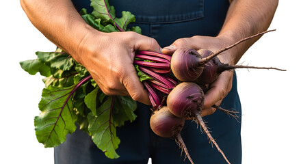 Close-up of a farmer's strong hands holding a bunch of freshly harvested organic beetroots with green leaves. Isolated on a white background, a concept of farm-to-table