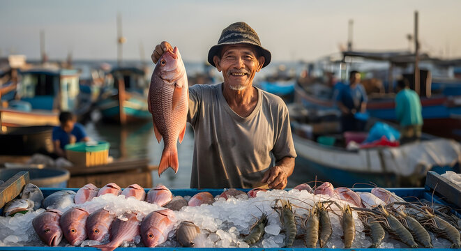 A happy elderly Asian fisherman proudly shows a fresh red snapper at an outdoor seafood market, with fishing boats in the harbor background. A concept of traditional industry - Powered by Adobe