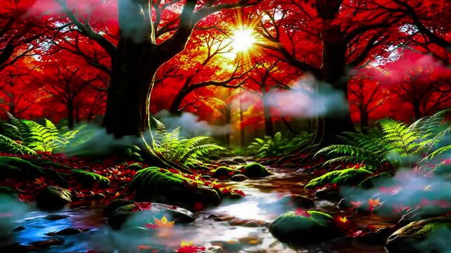 Autumn mountain brook late afternoon &ndash; amber sunlight filtering through red leaf maples, clear water gliding over leaf-littered stones, clouds meandering across pale sky, ferns and moss static
