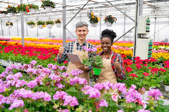 Two smiling people in a greenhouse with flowers, giving thumbs up. One holds a tablet, the other a plant.