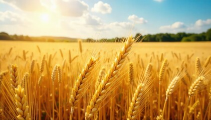 Naklejka premium Golden wheat swaying gently in the summer breeze, a vast field stretching to the horizon Sun-drenched landscape, ripe for harvest Abundant, fertile farmland , farmland, background