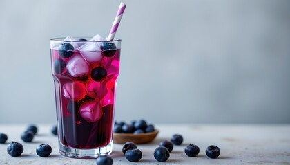 blueberry iced drink on the left side, with spacious copy space on the right for photo use.