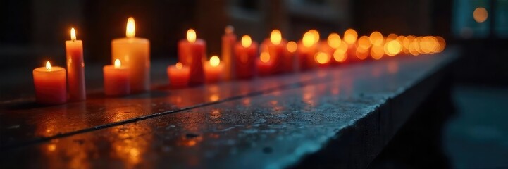 Rows of flickering vigil candlelight illuminate a darkened space, creating a somber yet peaceful atmosphere Perfect for remembrance, reflection, or spiritual themes , ambiance, candles