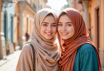 Two Smiling Women in Colorful Hijabs Outdoors Together