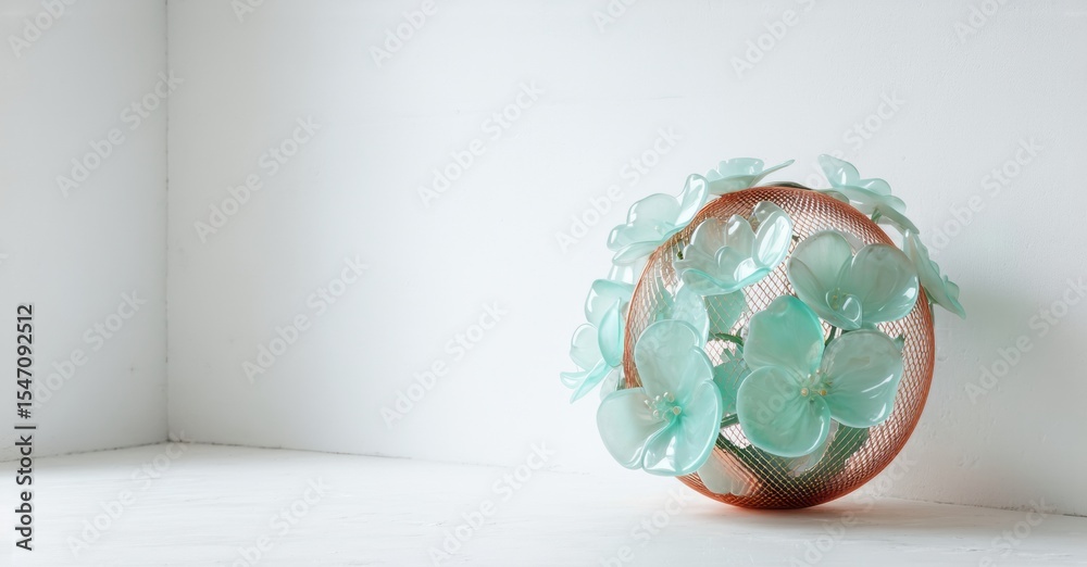 Poster floral arrangement sits upon surface. light colors dominate scene, creating soft aesthetic. delicate
