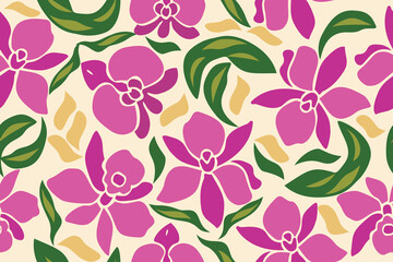 Seamless orchid floral pattern in pink with green leaves and beige accents on a cream background&mdash;elegant and tropical, perfect for fabric and summer design.