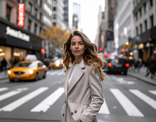 Woman in grey coat looking contemplative amid NYC chaos