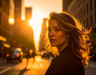 Golden hour street portrait of a confident white woman with flowing hair