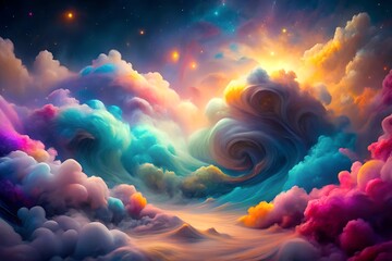 Abstract cosmic landscape with swirling vibrant clouds and stars