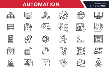 Automation linear icon set. Artificial Intelligence, information technology, computing, IT manager, network, internet, big data, cloud, analytics, business vector icon set. UI thin line icon pack.