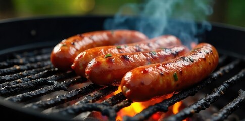 Juicy smoked sausage grilling on a hot grill, char marks visible, sizzling sounds implied Perfect summer BBQ food , heat, outdoor cooking, food