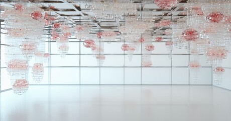 Obraz premium Bright interior features numerous hanging pink glass spheres. Minimalist space, large windows provide ample light. Modern art installation dominates ceiling.