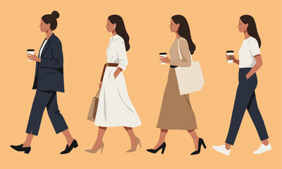 Obraz premium flat vector illustration of four urban working women walking in side view