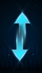 Two arrows pointing up and down in different ways, transfer arrows blue with lighting in it pointing in different direction concepts on dark blue background