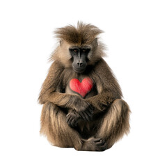 Fototapeta premium Baboon Sitting with Heart Symbol on Chest and Thoughtful Expression