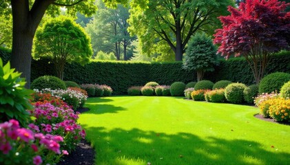 Obraz premium A lush green lawn, vibrant flowerbeds, and mature trees create a tranquil and inviting backyard oasis Perfect for home improvement and gardening projects , soil, greenery
