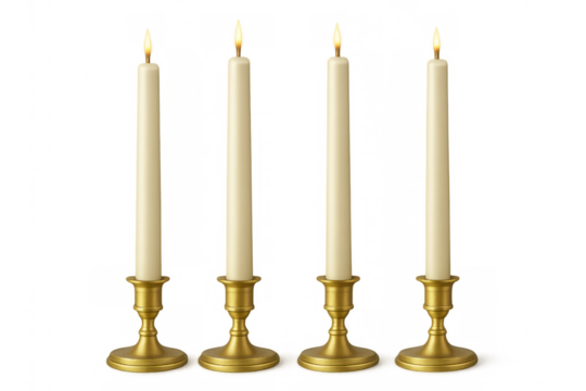 Burning candles nestled in golden holders, casting soft illumination against transparent background, radiating sophisticated ambiance