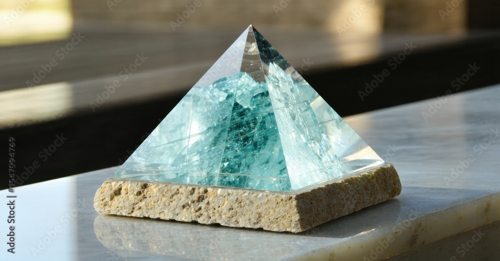 Leinwandbilder Pyramid object rests upon textured stone base. Light passes through translucent material creating visual interest. Simple composition, focused subject.