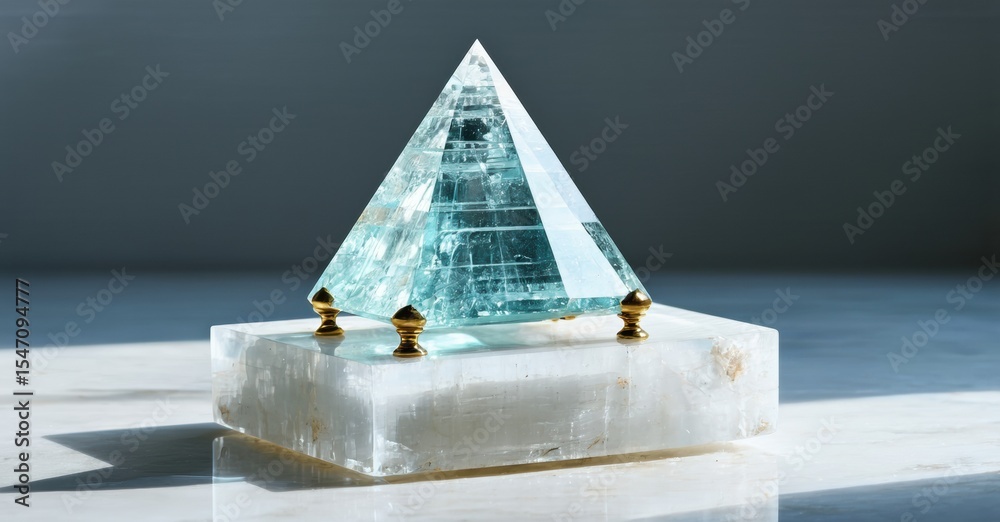 Aufkleber Pyramid sculpture rests upon rectangular base. Light reflects, creating shadows. Minimalist composition, serene aesthetic, crystal structure visible.