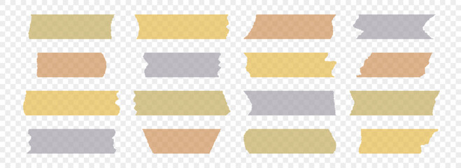 Colored adhesive tapes collection. Torn duct tape pieces set. strip. Plastic scotch stripes with torn jagged edges. Sticky masking paper for package wrap, blank tag, label, sticker, decoration. Vector