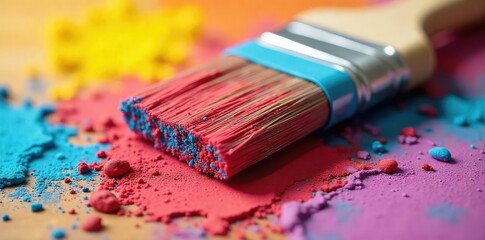 Fototapeta premium Close-up shot of a decorator's paintbrush, bristles full of vibrant paint, ready for application on a wall or surface Ideal for DIY, home improvement, and painting projects , interior design, paint