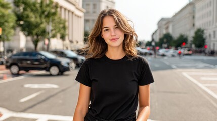 Fototapeta premium Natural beauty with radiant skin, soft black T-shirt, and dark shades captured while walking outside. 