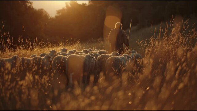 Golden-Hour Shepherd Leading Flock of Sheep in Cinematic Pasture Walk