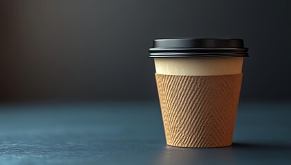 Coffee cup mockup with cardboard sleeve and black lid on dark surface

