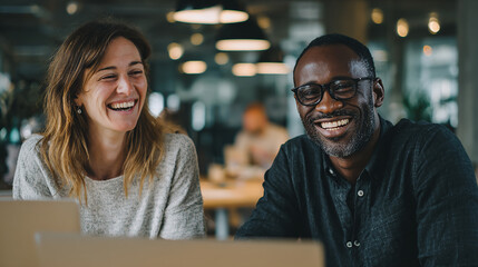 Two colleagues from different cultures smiling while working on a laptop together, soft natural light, relaxed creative office