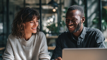 Two colleagues from different cultures smiling while working on a laptop together, soft natural light, relaxed creative office
