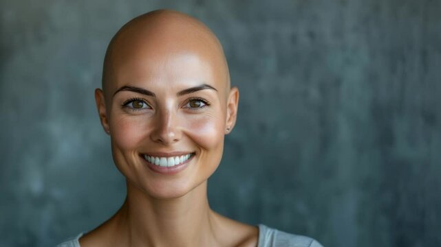 Portrait of a Bald Woman Smiling Radiantly with Confidence and Warmth
