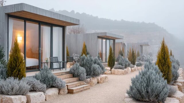 modern eco hotel made of capsule houses in open space featuring single focal point