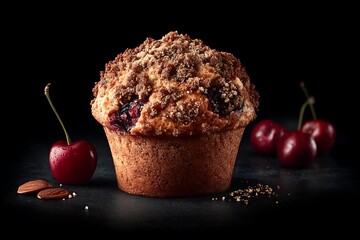 Close-up of a cherry crumble muffin on a dark surface