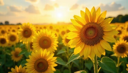 Obraz premium A field of sunflowers basking in the golden sunlight, their faces turned towards the sun, creating a vibrant and joyful scene Perfect for summer, nature, and happiness themes , happy, field, joyful