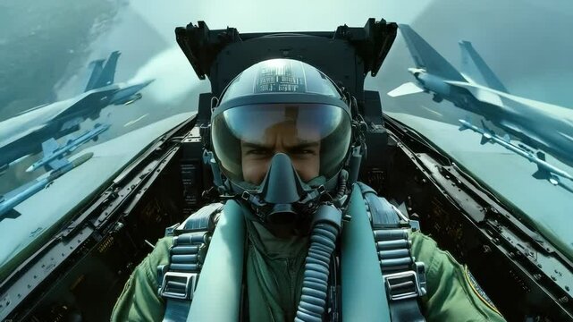 Confident Pilot in a Fighter Plane Cockpit Amidst Military Jets